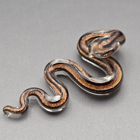 Glass Snake Pendant 2.5x1.25" Black w/ Gold Sparkle Sculptural Bail Mythology - Picture 3 of 7